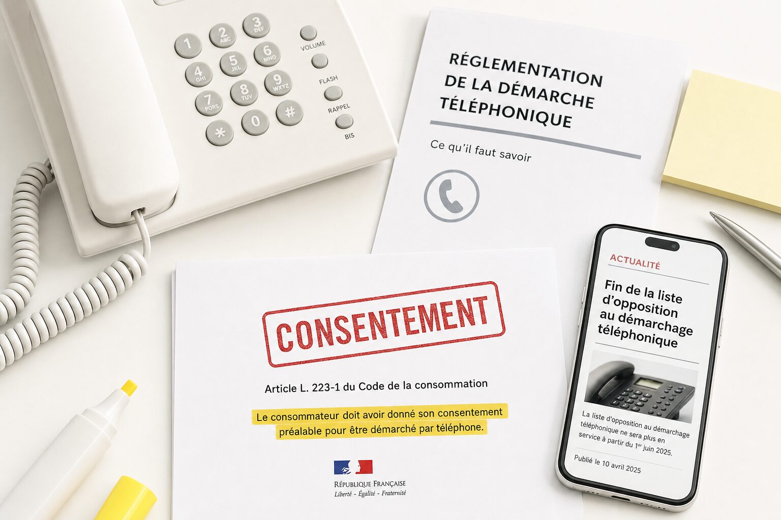 Téléphone fixe classique et smartphone sur un bureau clair avec un tampon rouge CONSENTEMENT et un surlignage jaune, illustration des nouvelles règles du démarchage téléphonique en France et de la fin du dispositif Bloctel au 11 août 2026