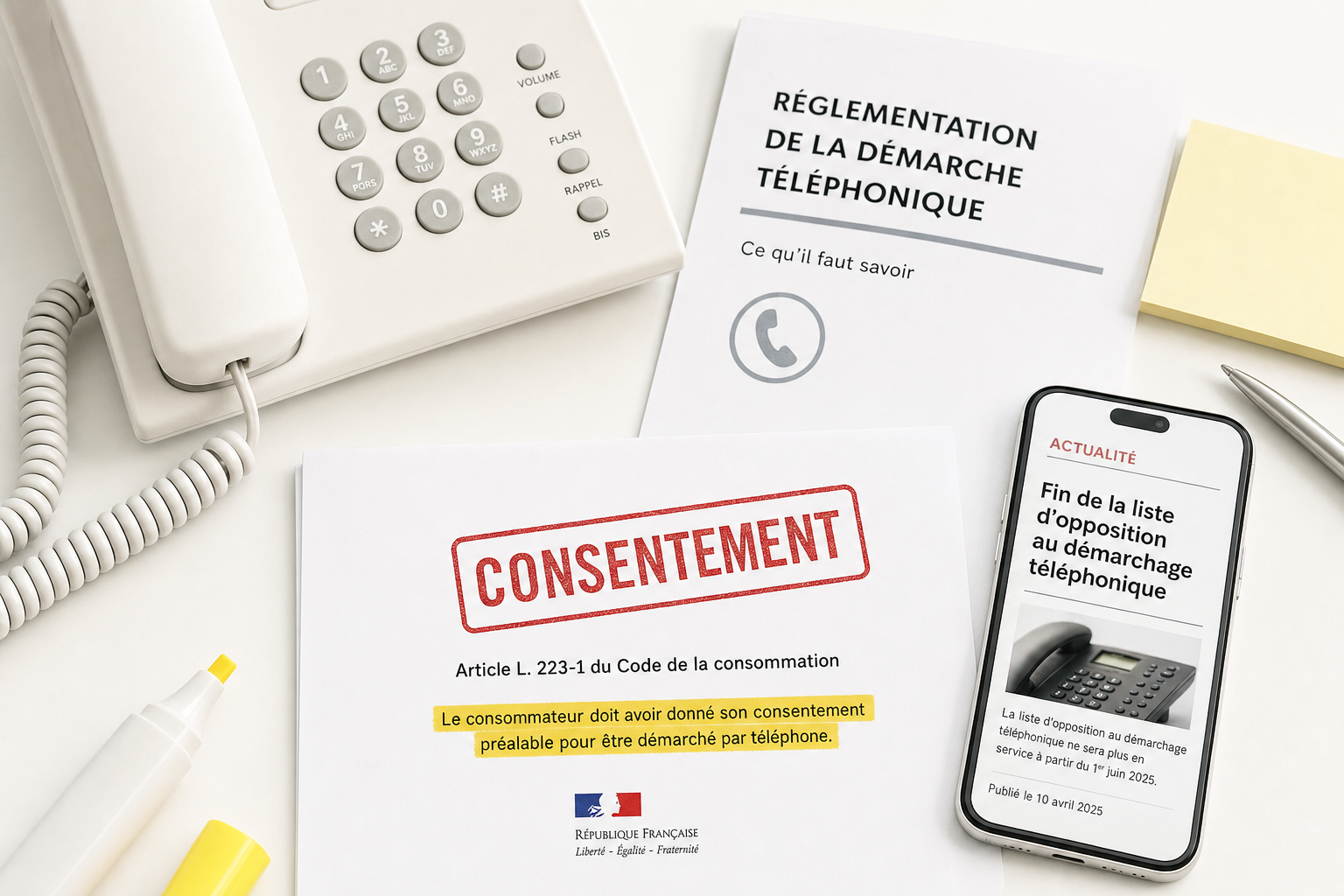 Téléphone fixe classique et smartphone sur un bureau clair avec un tampon rouge CONSENTEMENT et un surlignage jaune, illustration des nouvelles règles du démarchage téléphonique en France et de la fin du dispositif Bloctel au 11 août 2026
