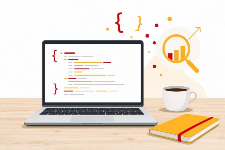 Illustration éditoriale montrant un ordinateur portable sur un bureau en bois avec un extrait de code JSON-LD flottant au-dessus de l'écran, une tasse de café et un carnet, dans un style flat design sobre avec accents rouges et jaunes