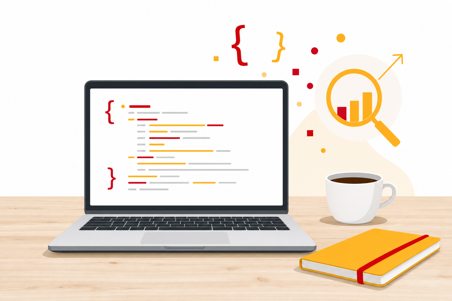 Illustration éditoriale montrant un ordinateur portable sur un bureau en bois avec un extrait de code JSON-LD flottant au-dessus de l’écran, une tasse de café et un carnet, dans un style flat design sobre avec accents rouges et jaunes