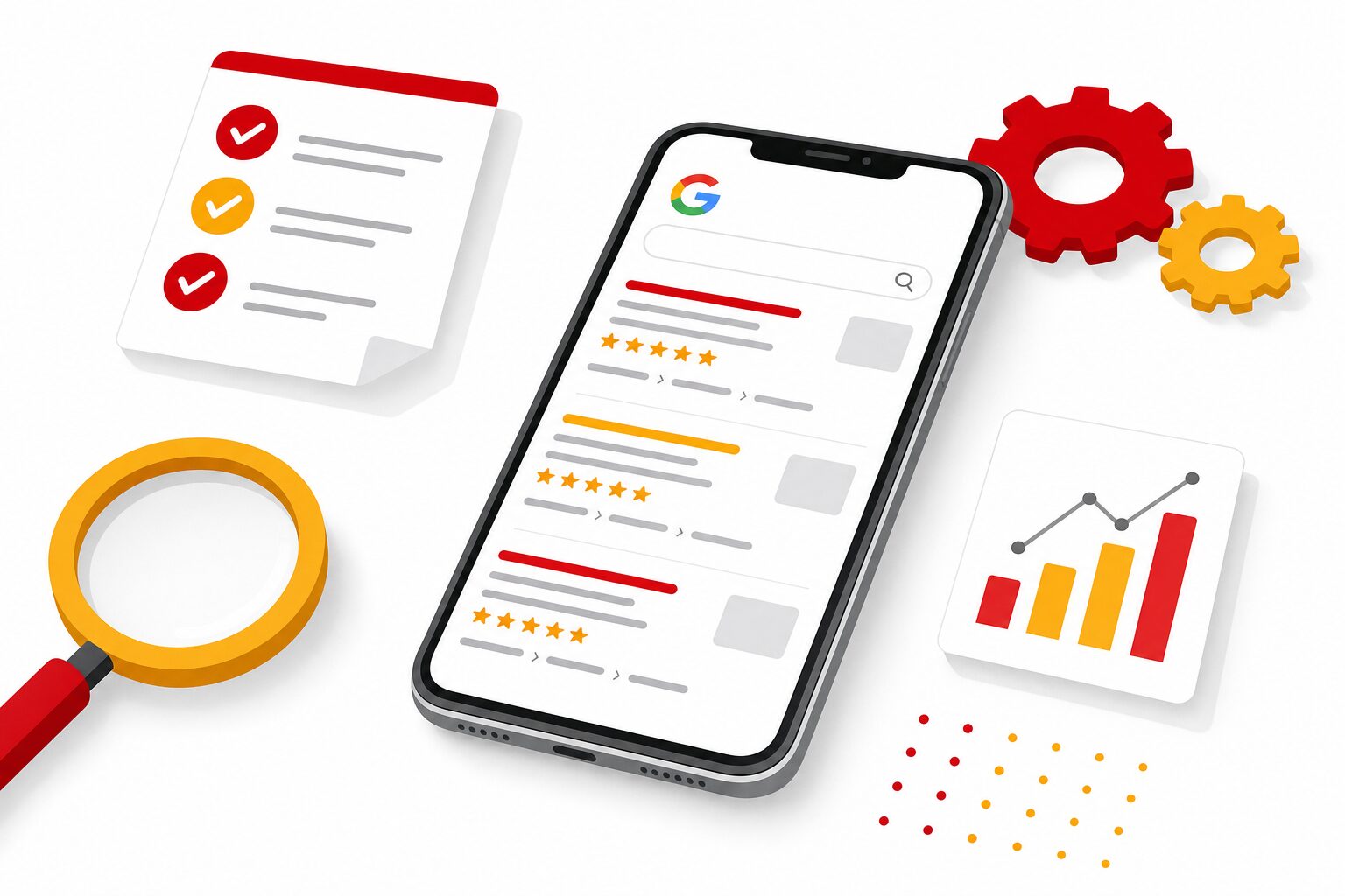 Illustration éditoriale d’un smartphone posé sur un bureau affichant des résultats de recherche Google avec extraits enrichis, étoiles de notation et fil d’Ariane, entouré d’icônes de checklist et de loupe, style flat design avec accents rouges et jaunes