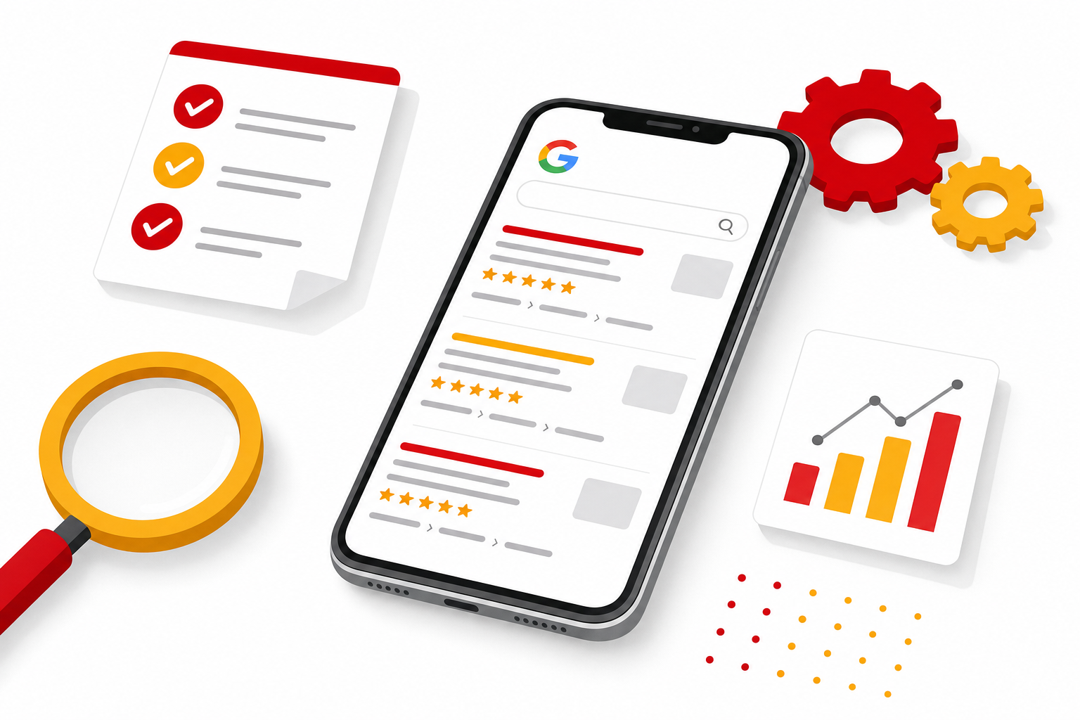 Illustration éditoriale d’un smartphone posé sur un bureau affichant des résultats de recherche Google avec extraits enrichis, étoiles de notation et fil d’Ariane, entouré d’icônes de checklist et de loupe, style flat design avec accents rouges et jaunes