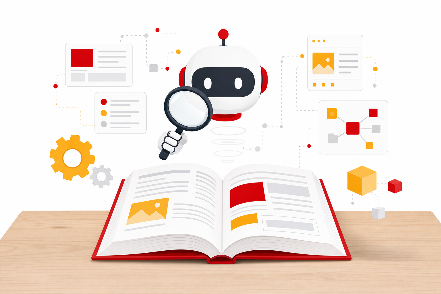 Illustration éditoriale d’un livre ouvert sur un bureau en bois avec un petit robot tenant une loupe au-dessus, des engrenages et des blocs de données flottant autour, symbolisant l’analyse du contenu web par l’IA, style flat design sobre avec accents rouges et jaunes