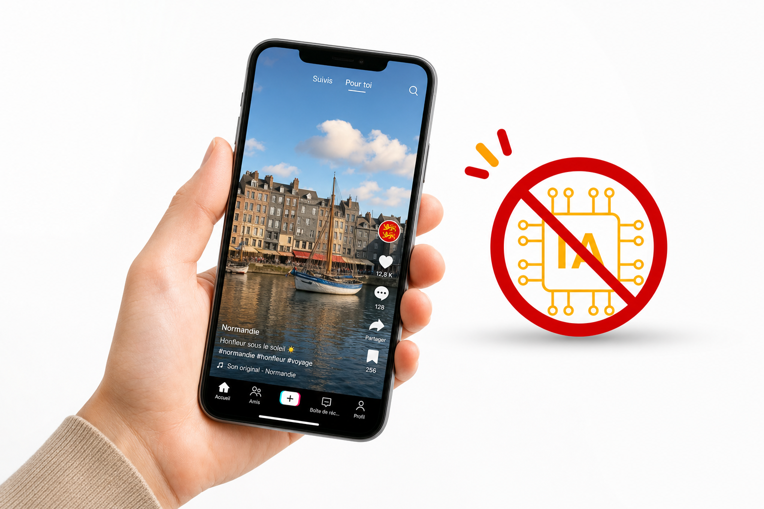 Smartphone avec une application de vidéos courtes devant un paysage normand, avec un pictogramme rouge barré représentant l'intelligence artificielle