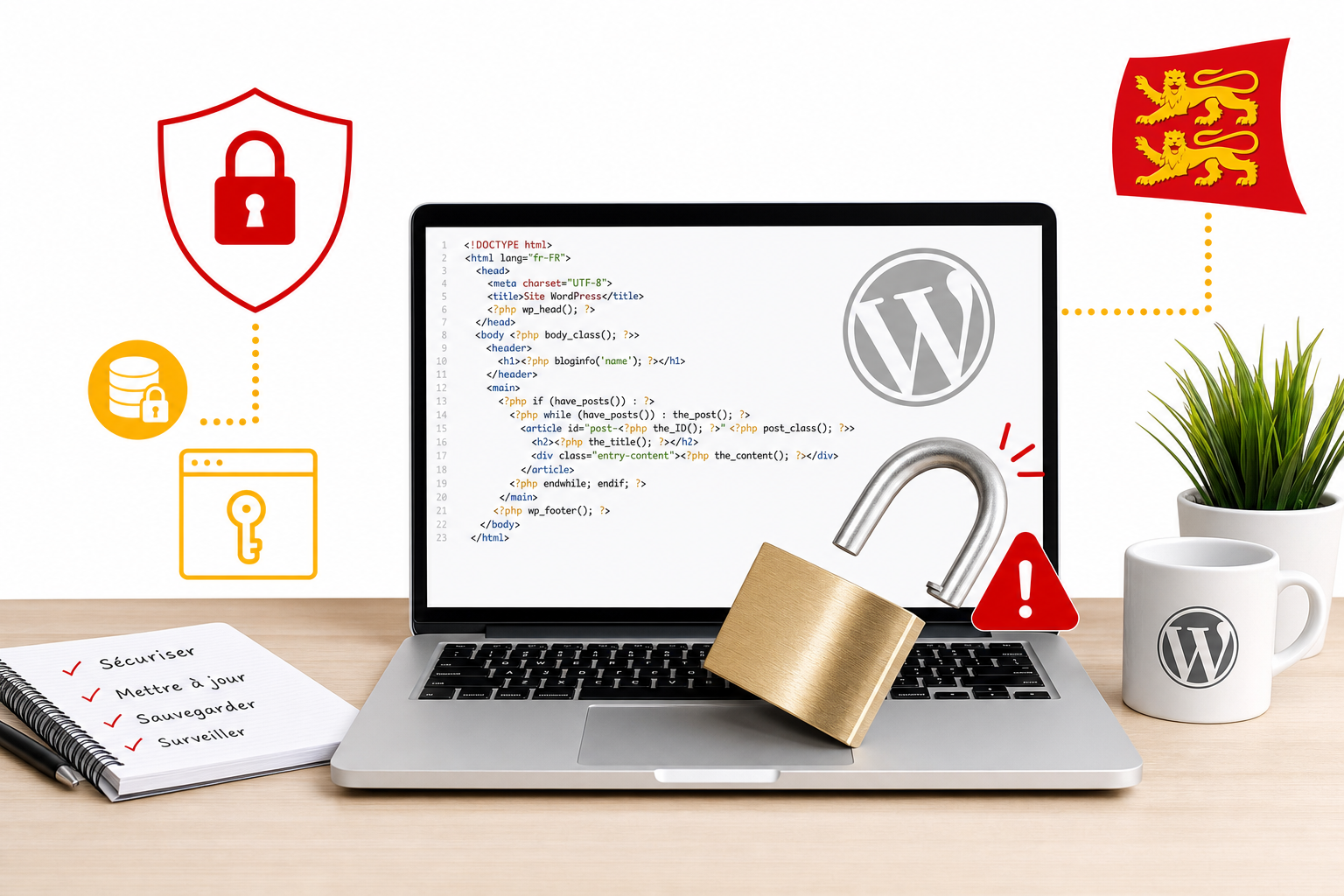 Ordinateur portable avec un cadenas ouvert et du code affiché à l'écran, illustration de la faille critique du plugin WooCommerce Social Login