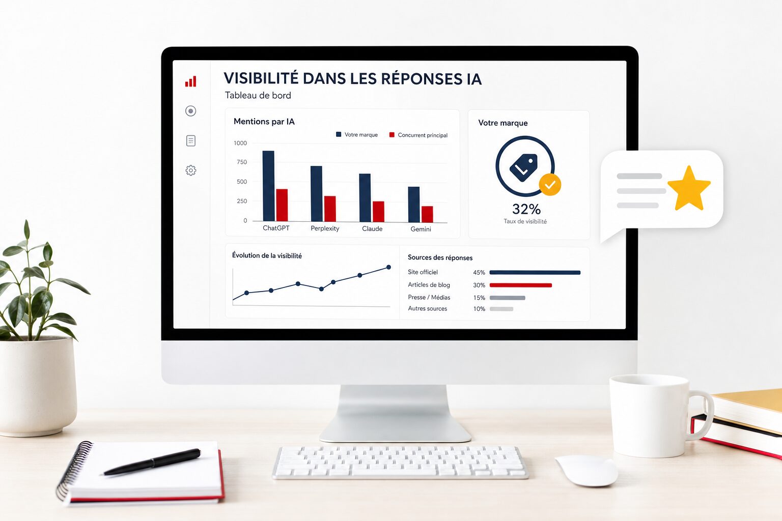 Tableau de bord d'analytics avec deux colonnes de barres rouge et bleu marine, illustration de la segmentation des requêtes IA de Microsoft Clarity