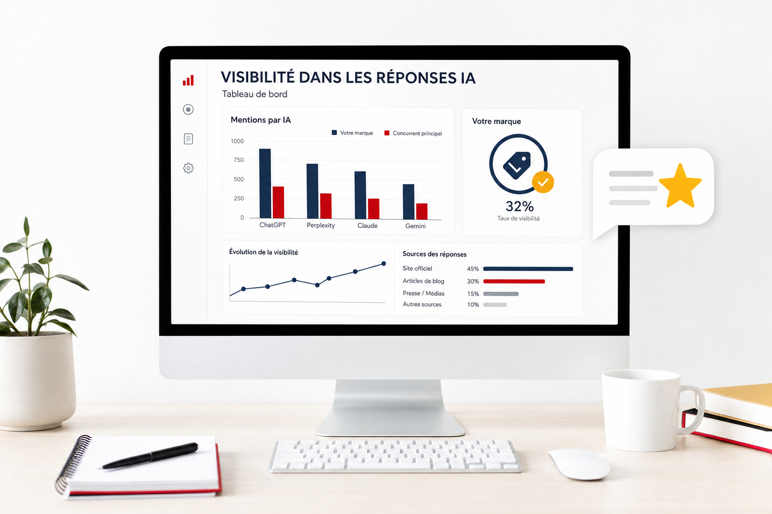 Tableau de bord d'analytics avec deux colonnes de barres rouge et bleu marine, illustration de la segmentation des requêtes IA de Microsoft Clarity