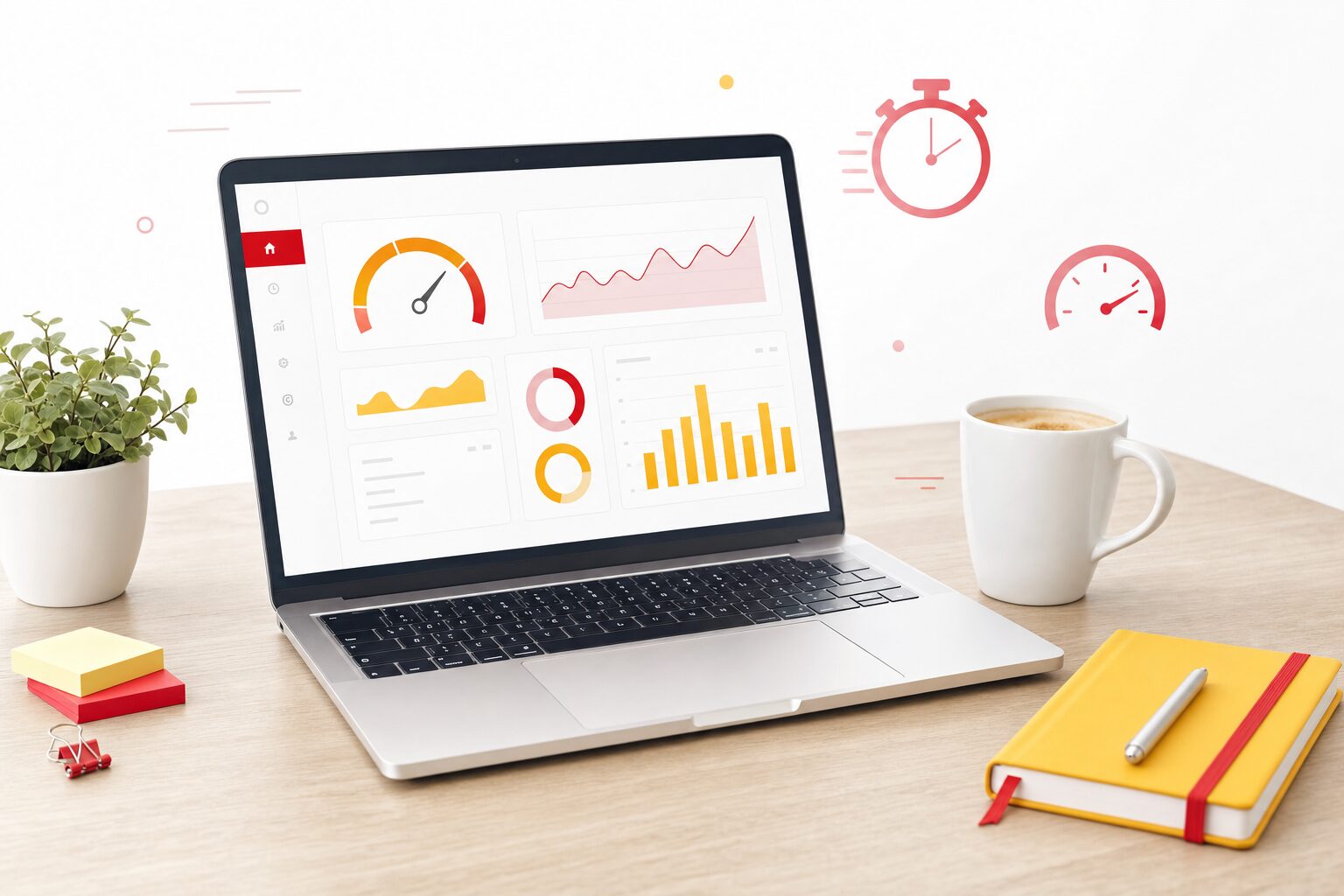 Illustration éditoriale montrant un ordinateur portable affichant un tableau de bord de performance web avec des jauges de vitesse, une tasse de café et un carnet jaune à bande rouge sur un bureau en bois, style Normandie Digital fond blanc accents rouge et jaune