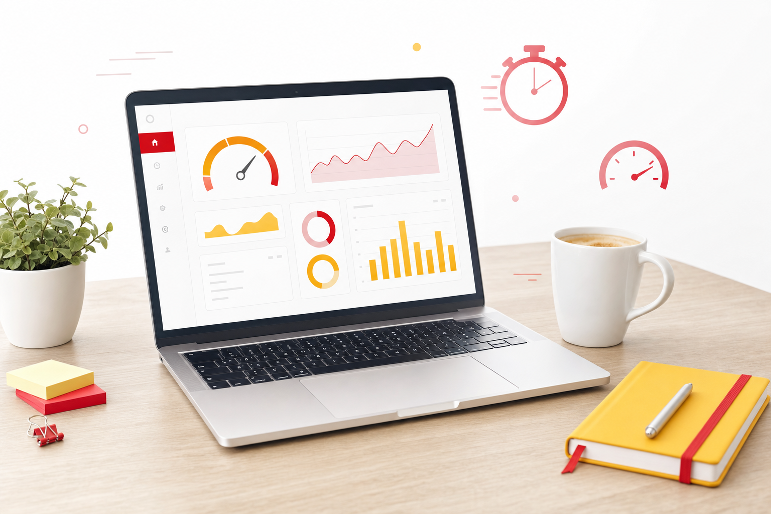 Illustration éditoriale montrant un ordinateur portable affichant un tableau de bord de performance web avec des jauges de vitesse, une tasse de café et un carnet jaune à bande rouge sur un bureau en bois, style Normandie Digital fond blanc accents rouge et jaune