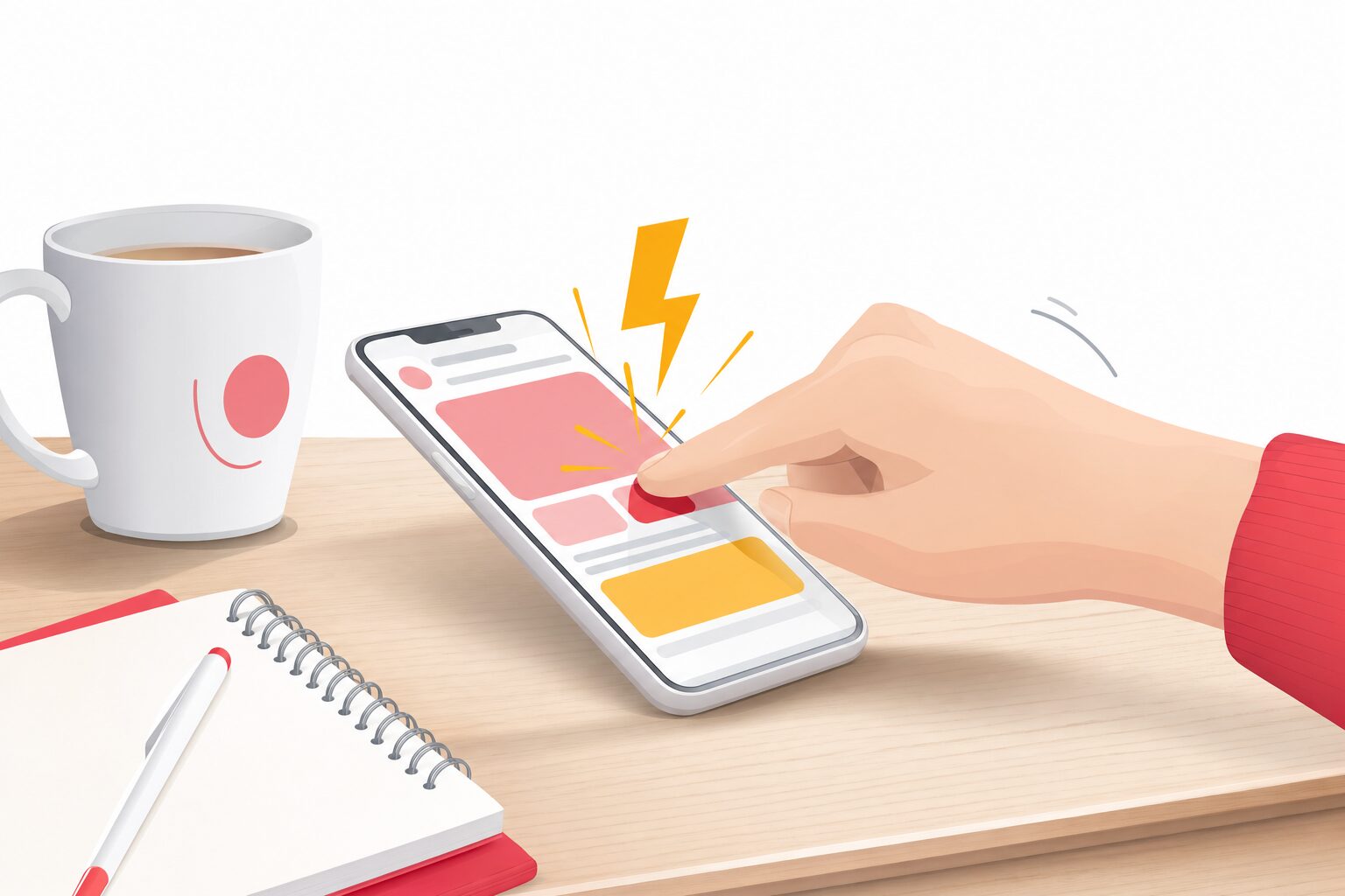 Illustration éditoriale d'une main cliquant sur un smartphone posé sur un bureau en bois avec un éclair jaune symbolisant une réaction instantanée, une tasse blanche et un carnet à côté, style Normandie Digital fond blanc accents rouge et jaune