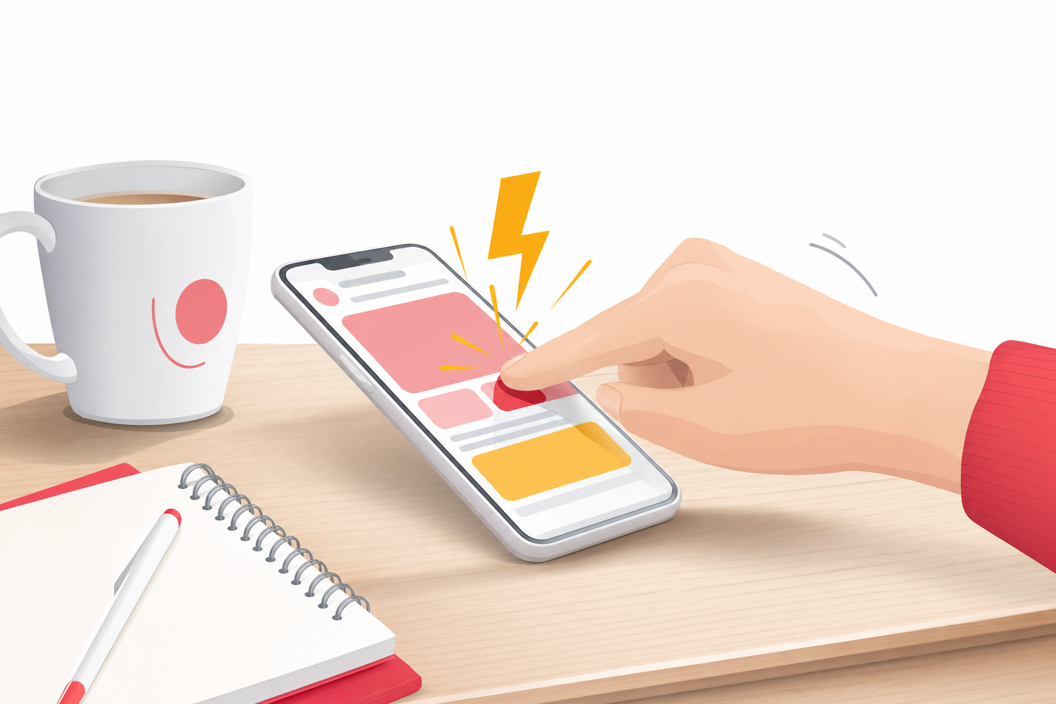 Illustration éditoriale d'une main cliquant sur un smartphone posé sur un bureau en bois avec un éclair jaune symbolisant une réaction instantanée, une tasse blanche et un carnet à côté, style Normandie Digital fond blanc accents rouge et jaune