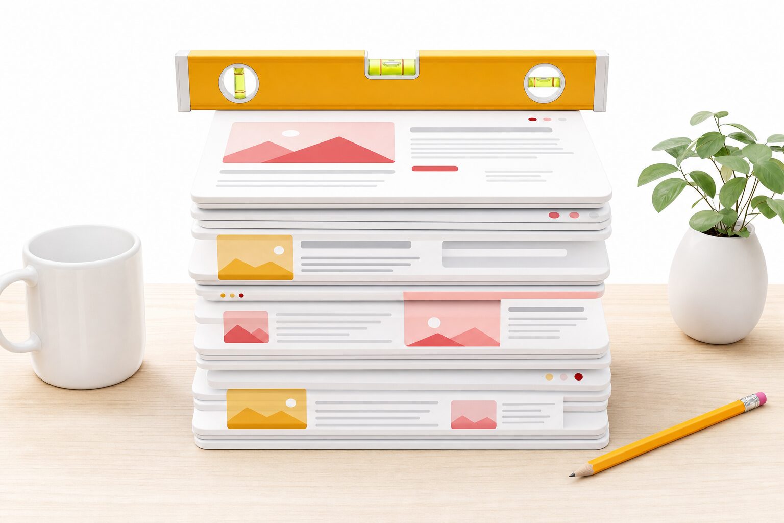 Illustration éditoriale d'une pile de blocs d'interface web alignés et stables sur un bureau en bois avec un niveau à bulle jaune symbolisant la stabilité visuelle, une tasse blanche et un crayon, style Normandie Digital fond blanc accents rouge et jaune