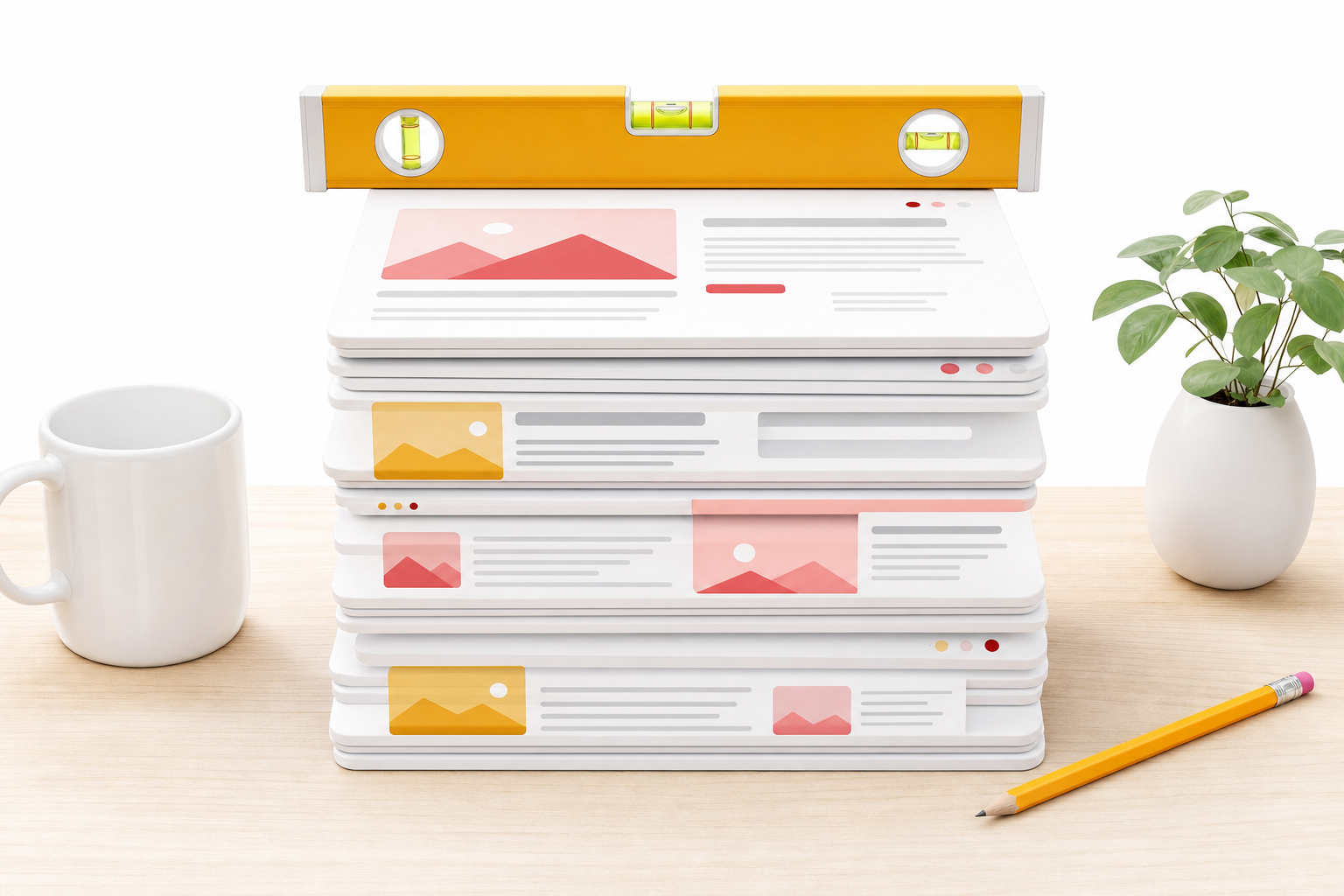 Illustration éditoriale d'une pile de blocs d'interface web alignés et stables sur un bureau en bois avec un niveau à bulle jaune symbolisant la stabilité visuelle, une tasse blanche et un crayon, style Normandie Digital fond blanc accents rouge et jaune
