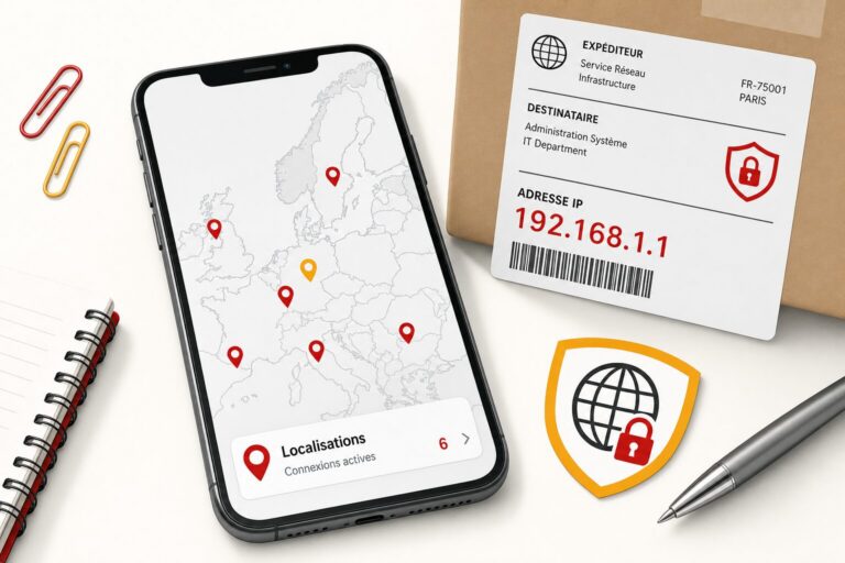 Smartphone posé sur un bureau clair affichant une carte de l'Europe avec des points de localisation, une étiquette d'adresse IP et un bouclier, illustration éditoriale aux accents rouge et jaune