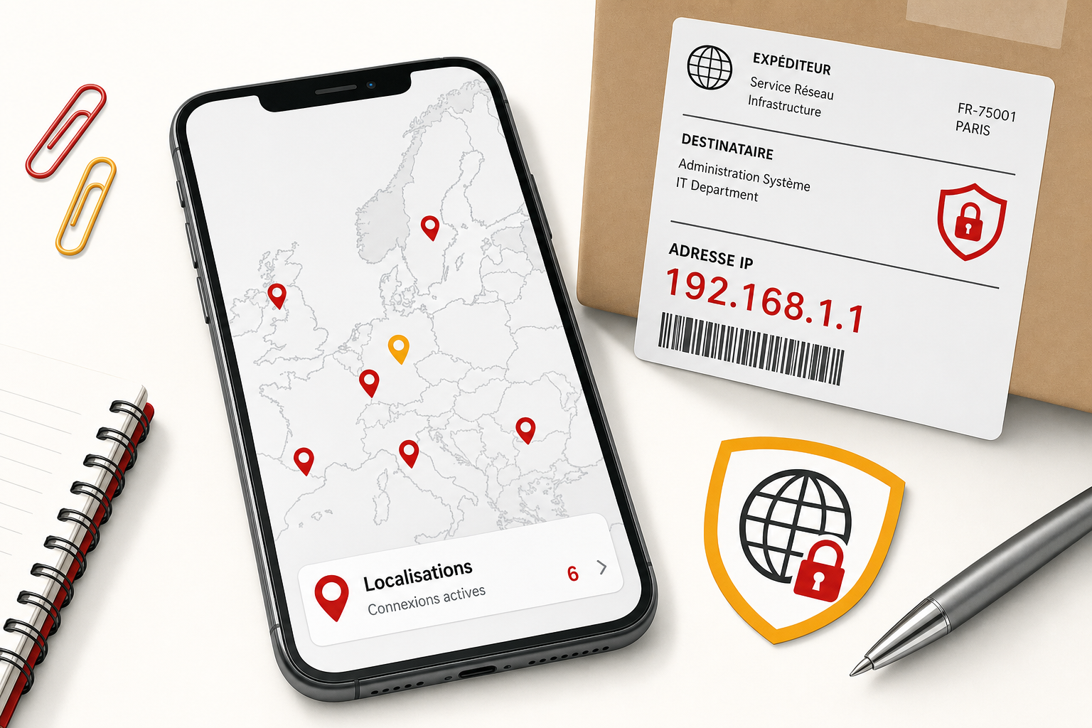 Smartphone posé sur un bureau clair affichant une carte de l'Europe avec des points de localisation, une étiquette d'adresse IP et un bouclier, illustration éditoriale aux accents rouge et jaune