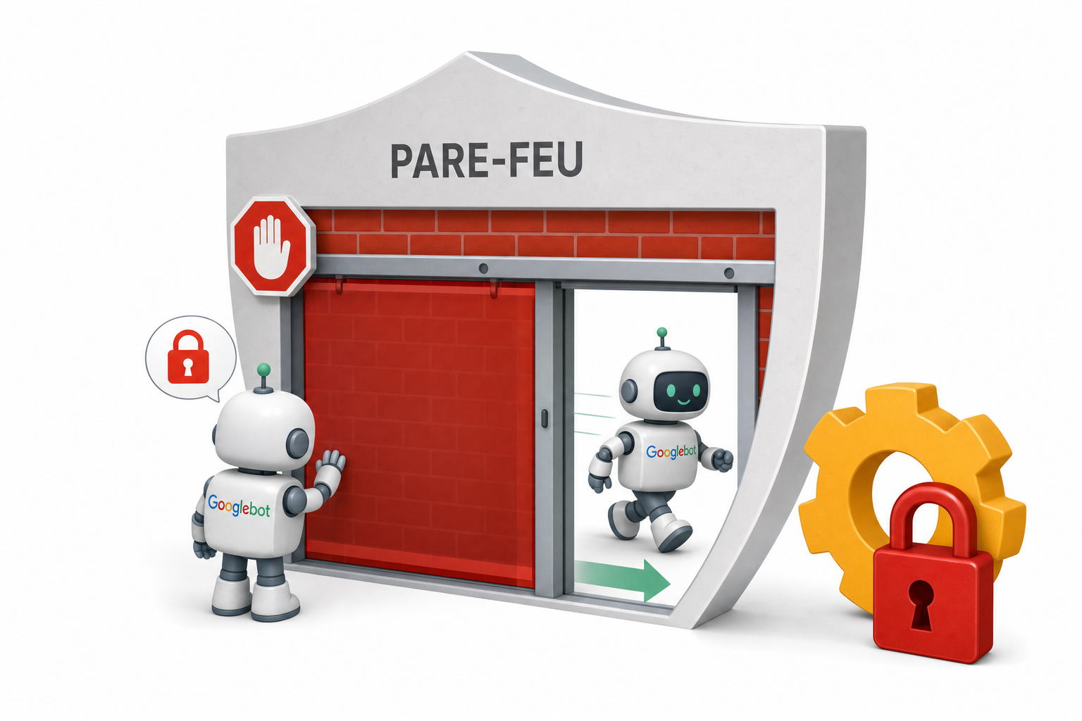 Bouclier de pare-feu avec une barrière rouge fermée devant un robot d'indexation arrêté, engrenage jaune et cadenas rouge, illustration éditoriale sur fond blanc