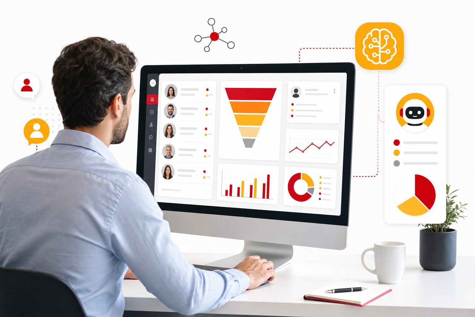 Tableau de bord de CRM avec entonnoir de ventes et fiches contacts, consulté par un commercial sur un grand écran, illustration éditoriale fond blanc avec accents rouges et jaunes pour un article sur la différence entre ERP et CRM et ce que l IA change dans la relation client.