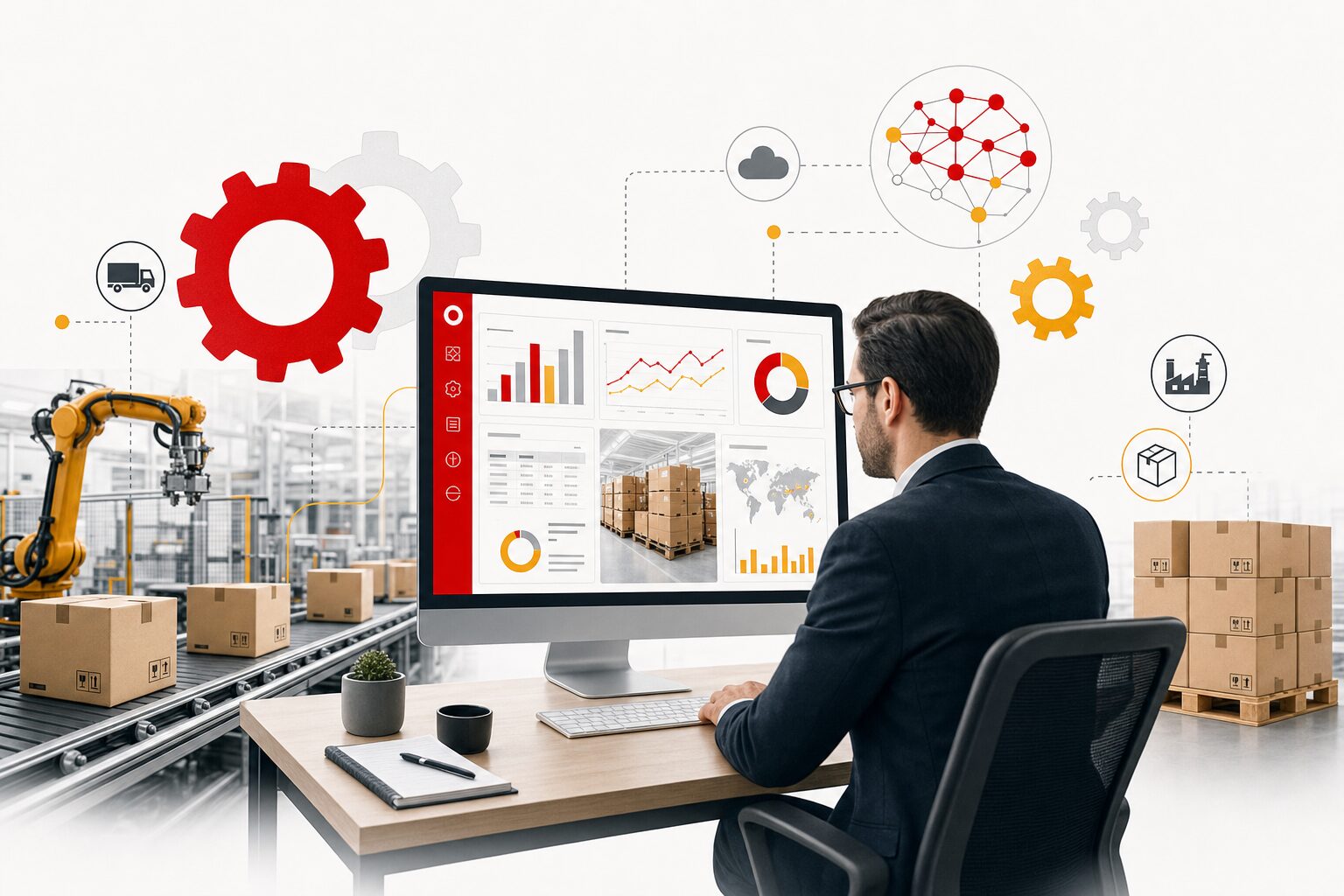 Atelier de production avec gestionnaire qui suit les stocks et la chaîne logistique sur un tableau de bord numérique, engrenages et graphiques financiers, illustration éditoriale fond blanc avec accents rouges et jaunes pour un article sur les ERP et ce que l IA change dans la gestion des ressources.