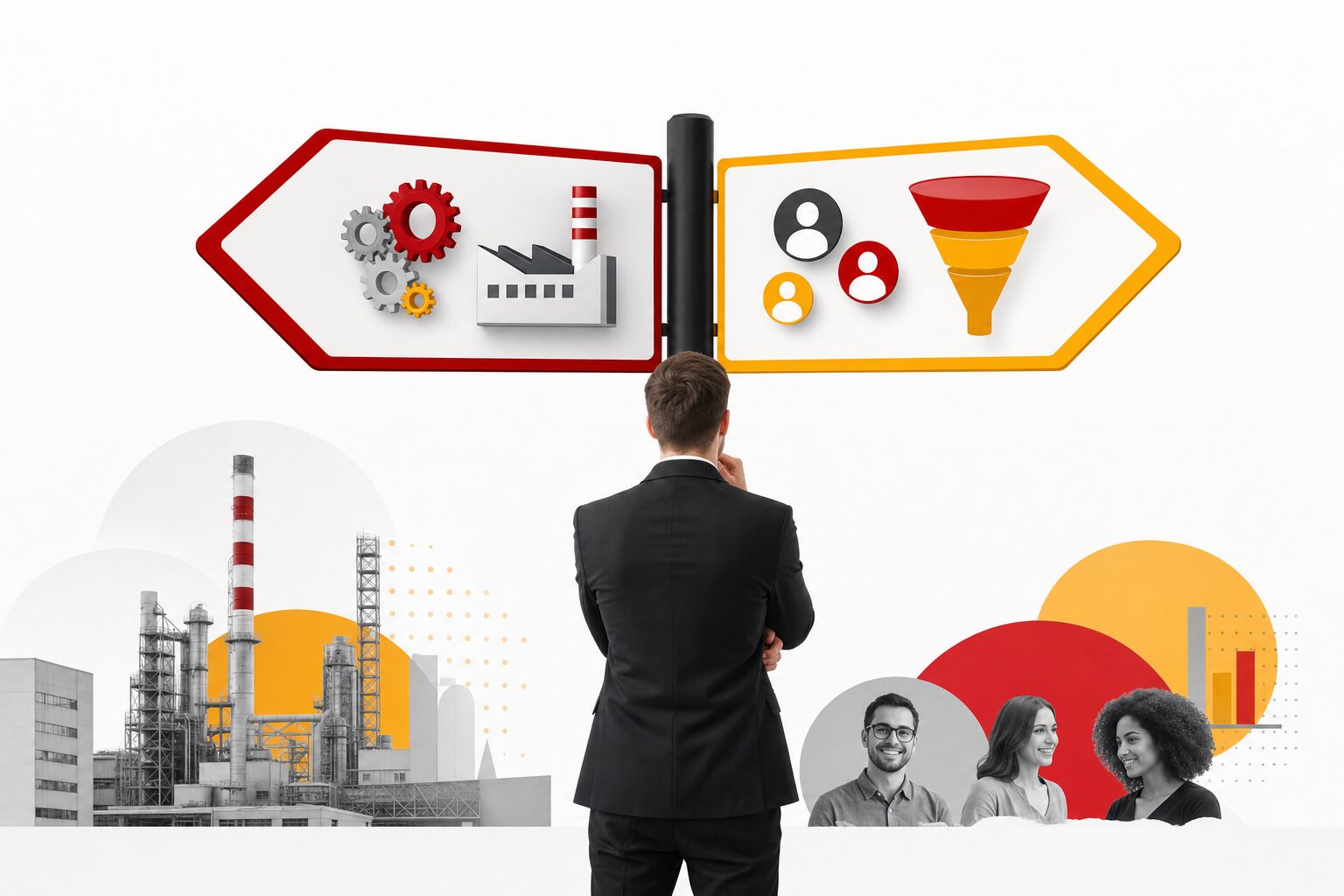 Personne face à deux panneaux de direction, l un vers des engrenages et une usine pour l ERP, l autre vers des profils clients et un entonnoir commercial pour le CRM, illustration éditoriale fond blanc avec accents rouges et jaunes pour aider les TPE et PME à choisir entre un ERP et un CRM.
