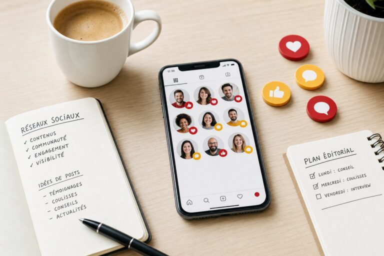 Smartphone posé sur une table en bois clair affichant une grille de profils de réseaux sociaux avec des icônes de likes et de commentaires, un carnet ouvert et une tasse de café à côté, illustration de la présence d'une entreprise sur les réseaux sociaux en 2026.