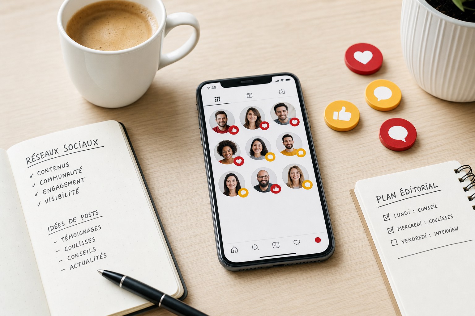 Smartphone posé sur une table en bois clair affichant une grille de profils de réseaux sociaux avec des icônes de likes et de commentaires, un carnet ouvert et une tasse de café à côté, illustration de la présence d'une entreprise sur les réseaux sociaux en 2026.