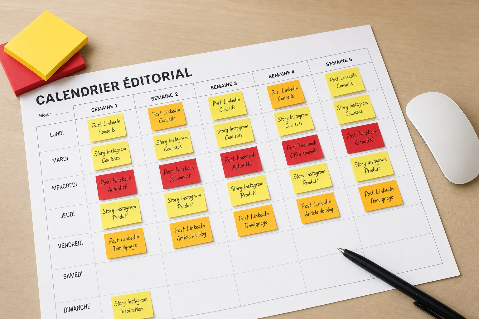 Calendrier éditorial papier posé sur un bureau en bois clair avec des post-it jaunes et rouges organisés par semaine, une souris d'ordinateur et un stylo, illustration de la planification des publications sur les réseaux sociaux pour une petite entreprise.