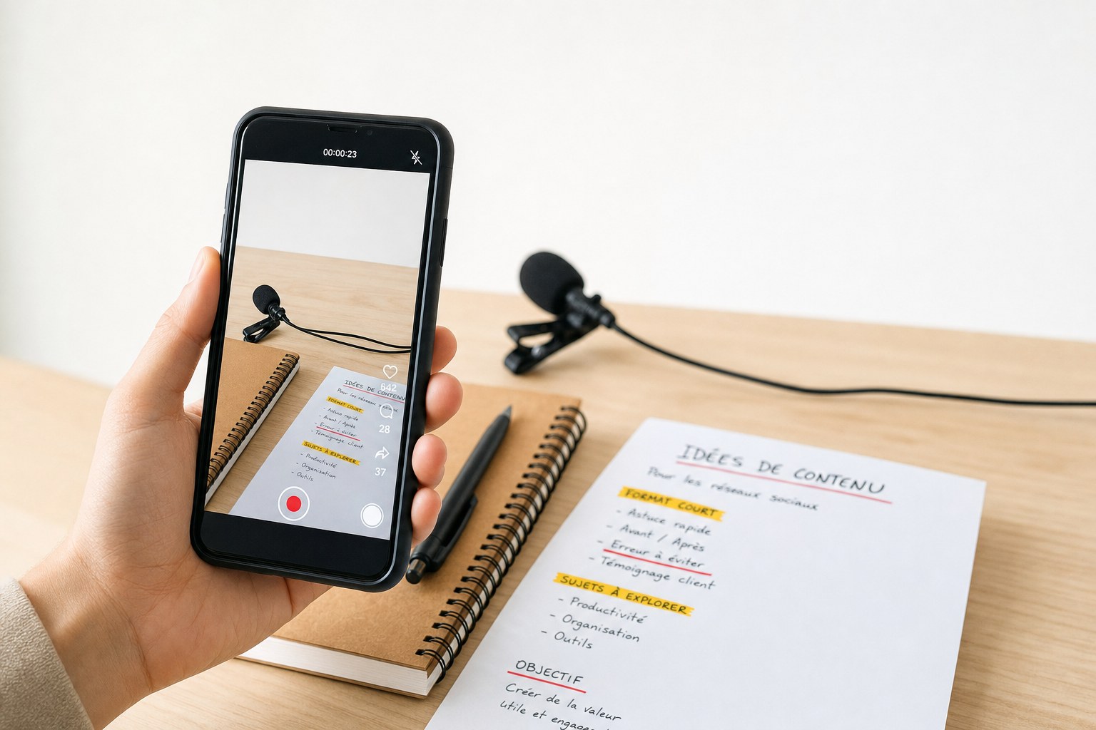 Main tenant un smartphone en position verticale pour filmer une courte vidéo, l'écran affiche un cadre d'enregistrement avec un point rouge, un micro-cravate et des notes manuscrites sur le bureau, illustration de la création de contenu vidéo pour les réseaux sociaux.