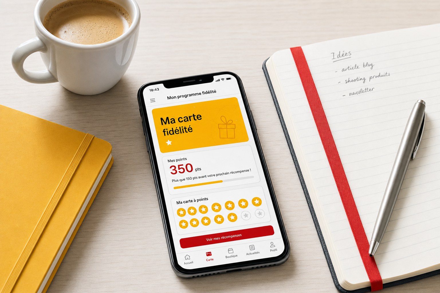 Smartphone posé sur un bureau en bois clair affichant une application mobile de programme de fidélité avec une carte à points, carnet ouvert, tasse de café et accents rouges et jaunes, illustrant les opportunités des applications mobiles pour les TPE et PME en France
