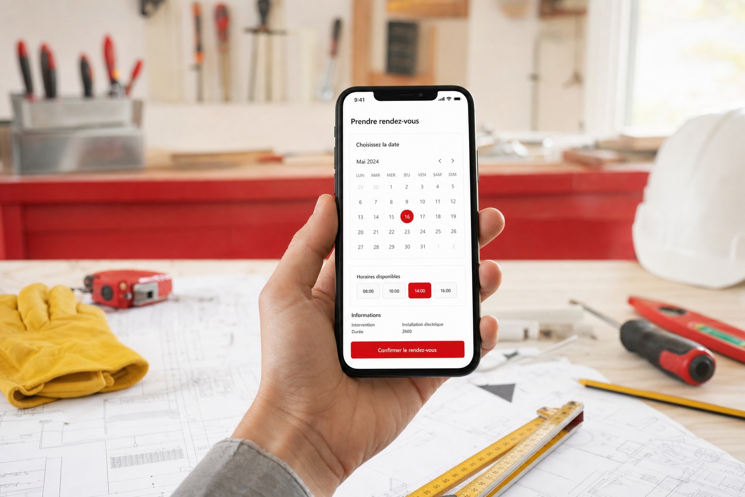Main tenant un smartphone affichant une application mobile de prise de rendez-vous en ligne avec calendrier, atelier d'artisan en arrière-plan avec outils et accents rouges et jaunes, montrant un cas d'usage concret d'application mobile pour une petite entreprise