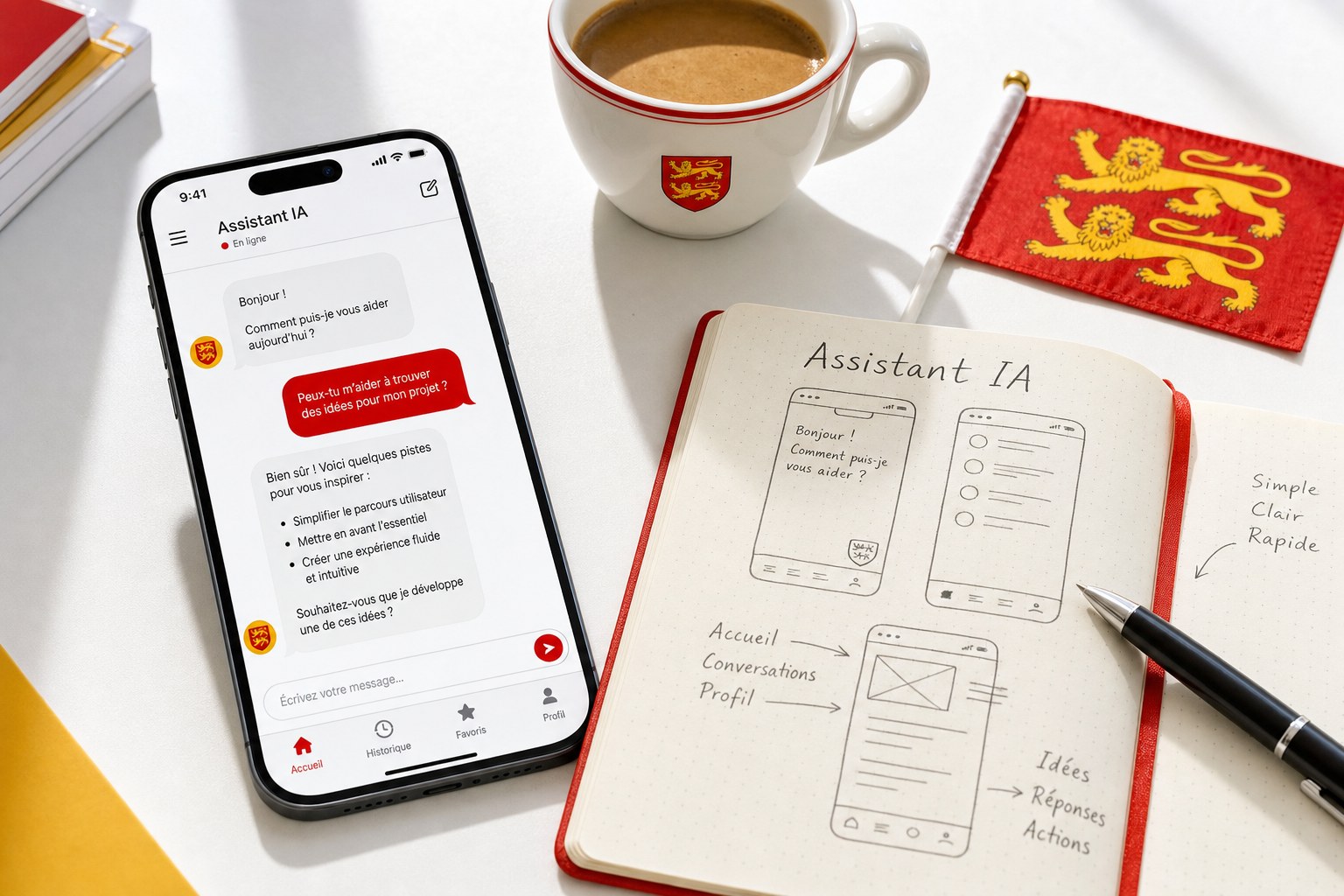 Smartphone posé sur une table claire affichant une application mobile avec assistant IA conversationnel en bulles de discussion, carnet de croquis d'interface, café et drapeau normand, illustrant l'intégration de l'IA dans les applications mobiles