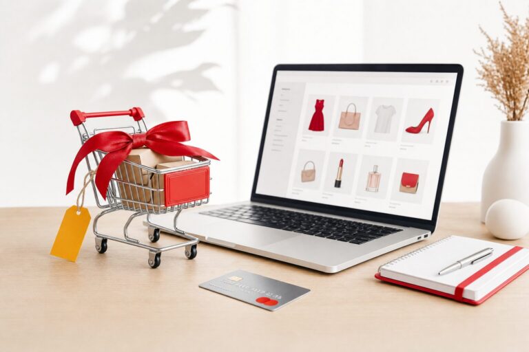 Panier d'achat en ligne posé sur un bureau en bois à côté d'un ordinateur portable affichant une boutique, illustrant la croissance du e-commerce français à 196,4 milliards d'euros en 2025