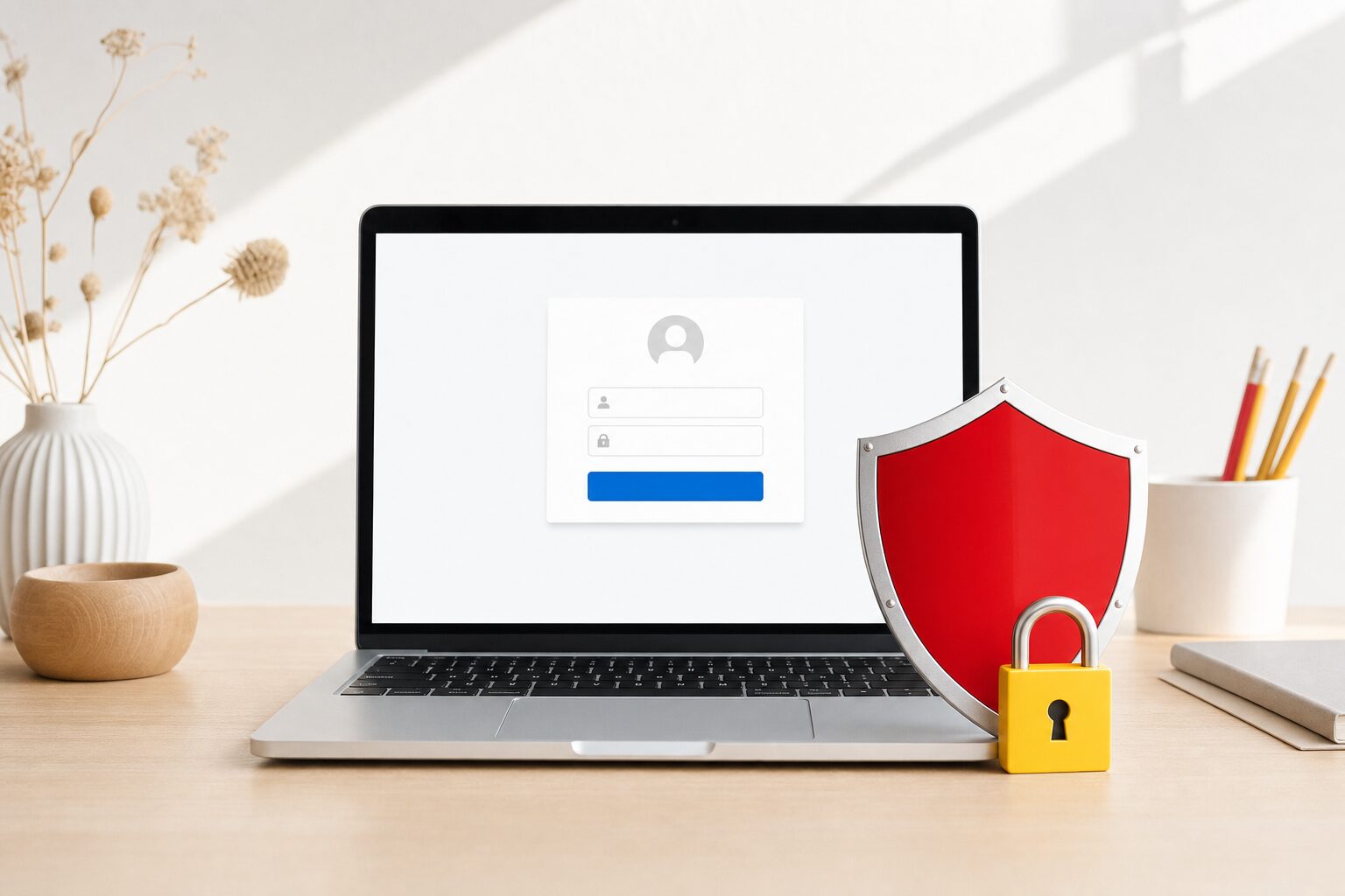 Ordinateur portable affichant un écran de connexion d'administration web avec un bouclier de sécurité rouge en premier plan, illustrant la faille de sécurité critique corrigée dans WordPress 7.0.3