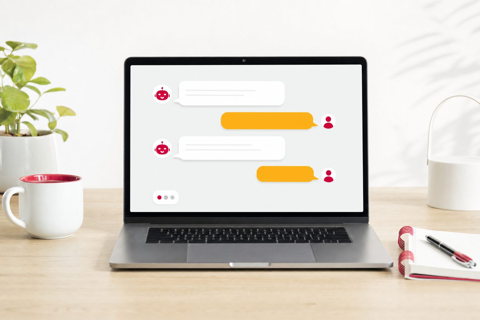 Ordinateur portable affichant une conversation avec un assistant virtuel en bulles de dialogue, une tasse de café à côté, illustrant ChatGPT en messages illimités avec le modèle GPT-5.6 Luna