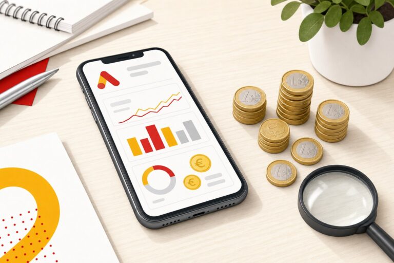 Smartphone posé sur un bureau en bois affichant un tableau de bord de campagne publicitaire Google Ads avec un graphique simple, à côté d'une pile de pièces en euros et d'une loupe, illustration éditoriale claire aux accents rouge et jaune pour un article sur le coût de la publicité en ligne