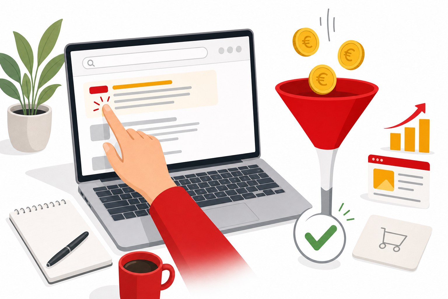 Main qui clique sur un ordinateur portable affichant une page de résultats de recherche avec un badge publicitaire, des pièces en euros tombant dans un entonnoir qui se transforme en coche verte, illustration éditoriale claire aux accents rouge et jaune sur le paiement au clic