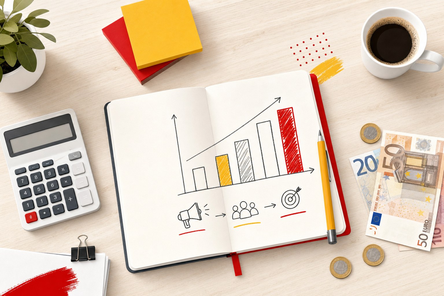 Bureau en bois vu de dessus avec une calculatrice, un carnet ouvert présentant un graphique à barres dessiné à la main, des billets et pièces en euros et une tasse de café, illustration éditoriale claire aux accents rouge et jaune pour un article sur la planification du budget publicitaire