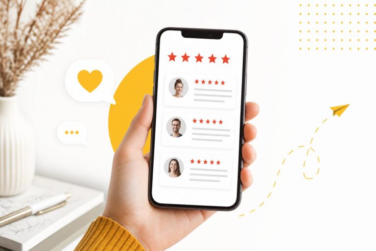Illustration d une main tenant un smartphone affichant des avis clients avec étoiles rouges : 97 pour cent des consommateurs consultent les avis avant d acheter en ligne selon BrightLocal 2026