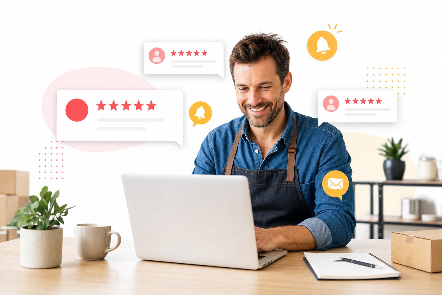 Illustration d un commerçant souriant devant un ordinateur portable avec des notifications d avis clients : répondre à tous les avis augmente de 80 pour cent la probabilité d être choisi selon BrightLocal