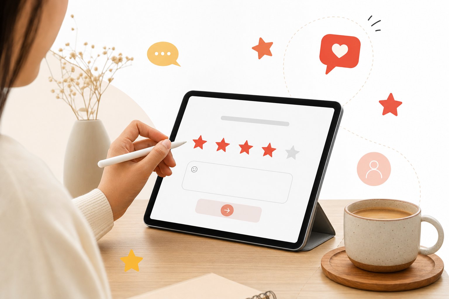 Illustration d un client écrivant un avis sur une tablette posée sur une table en bois clair avec une tasse de café : la collecte d avis après la livraison est la pratique recommandée en e-commerce
