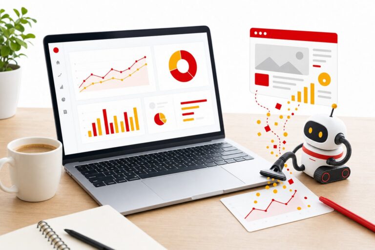 Tableau de bord d'analytics avec un marqueur rouge sur une carte et un robot miniature aspirant les données d'une page web, illustrant la mesure du scraping des intelligences artificielles avec Microsoft Clarity
