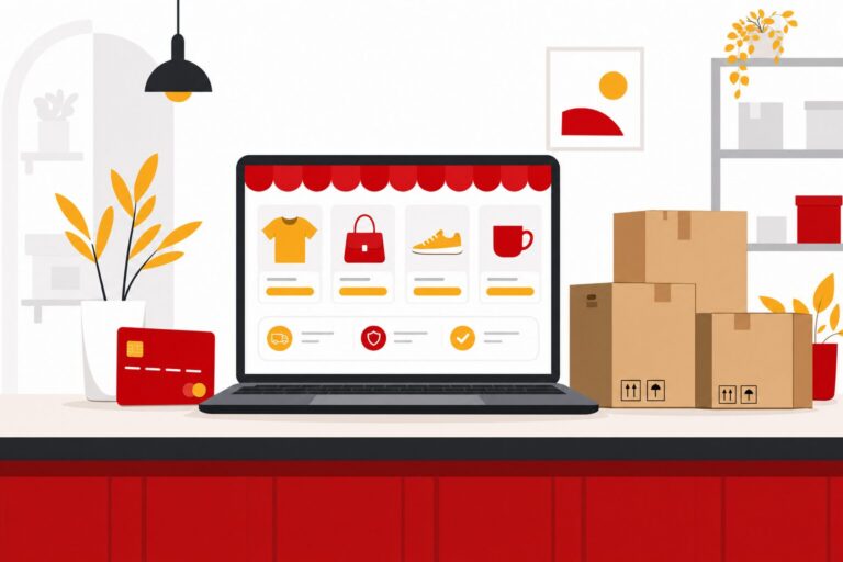 Boutique en ligne : laptop avec site marchand, carte bancaire et colis, illustration