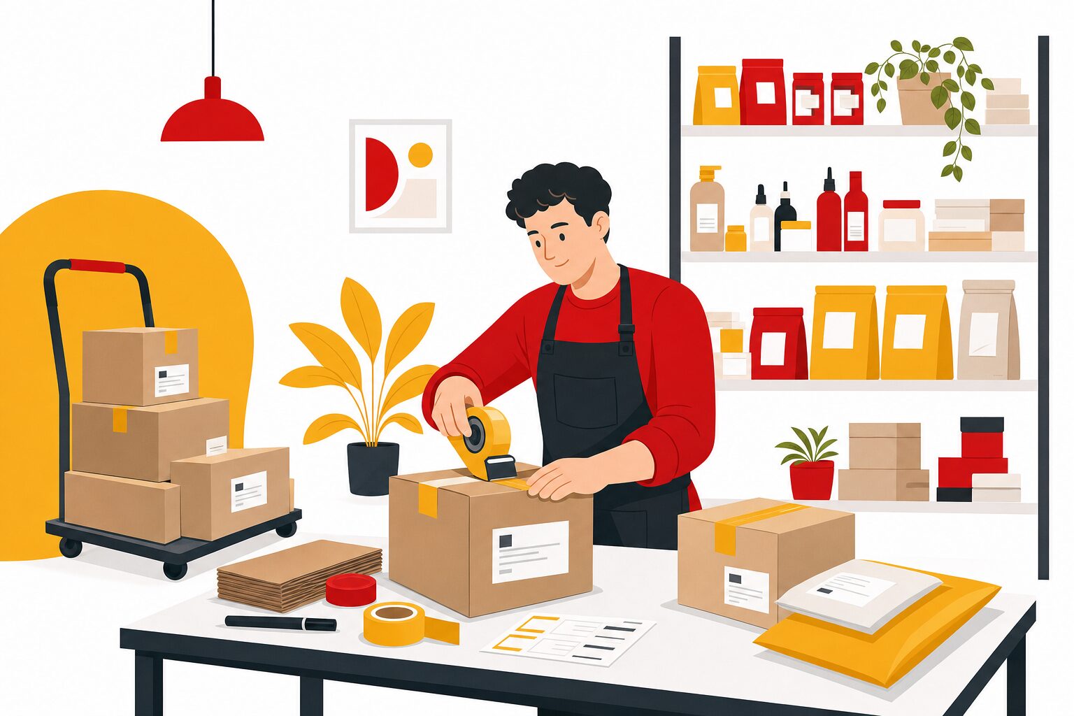 Préparation et expédition des colis d'une boutique en ligne, illustration