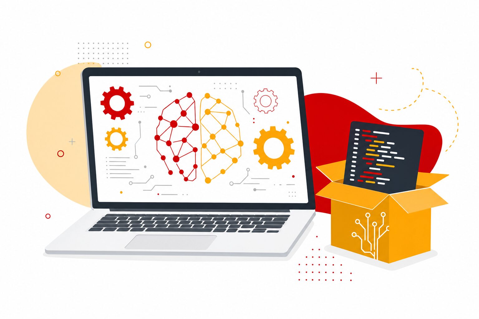 Modèles d'IA open source : ordinateur avec neurones stylisés et code source, illustration