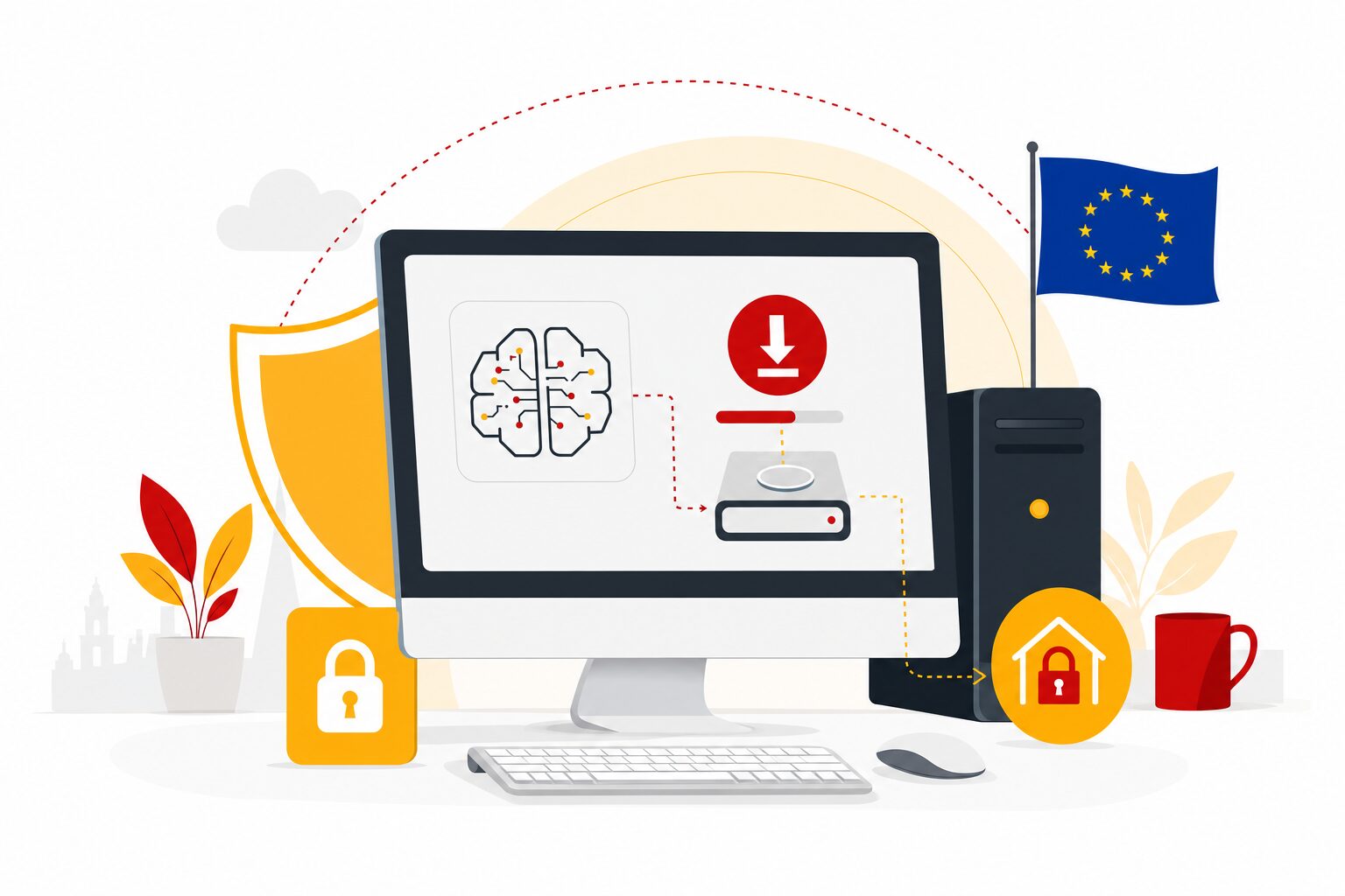 IA installée en local sur un PC de bureau, données conservées dans l'entreprise, illustration