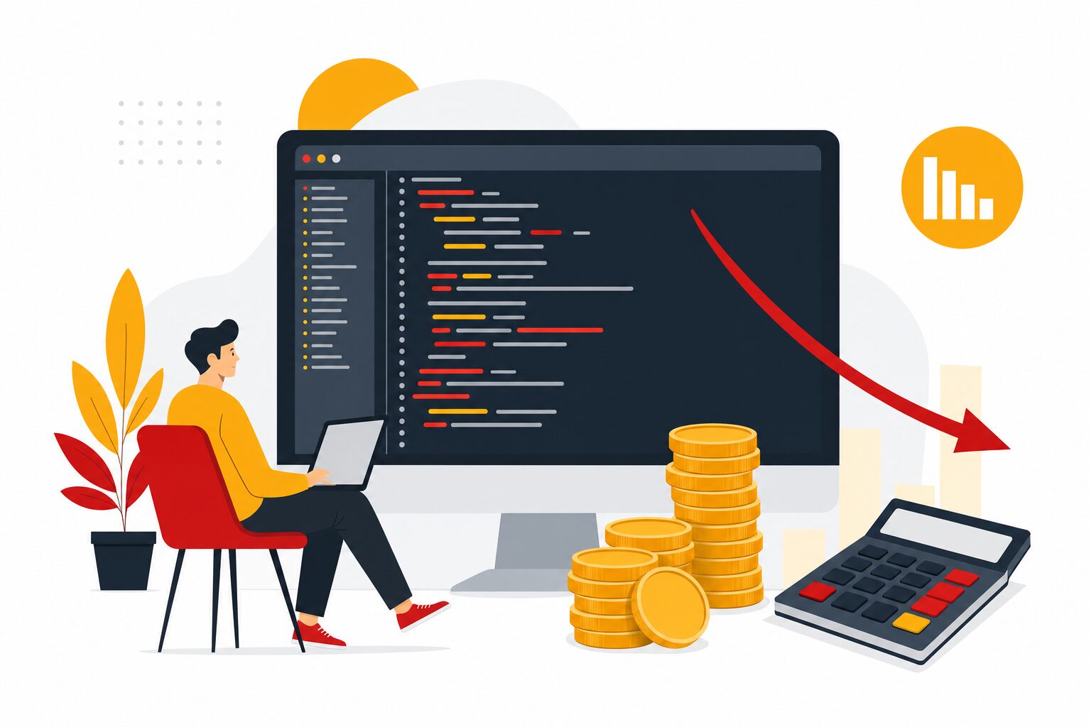 Code assisté par IA avec coûts réduits, pièces et calculatrice, illustration