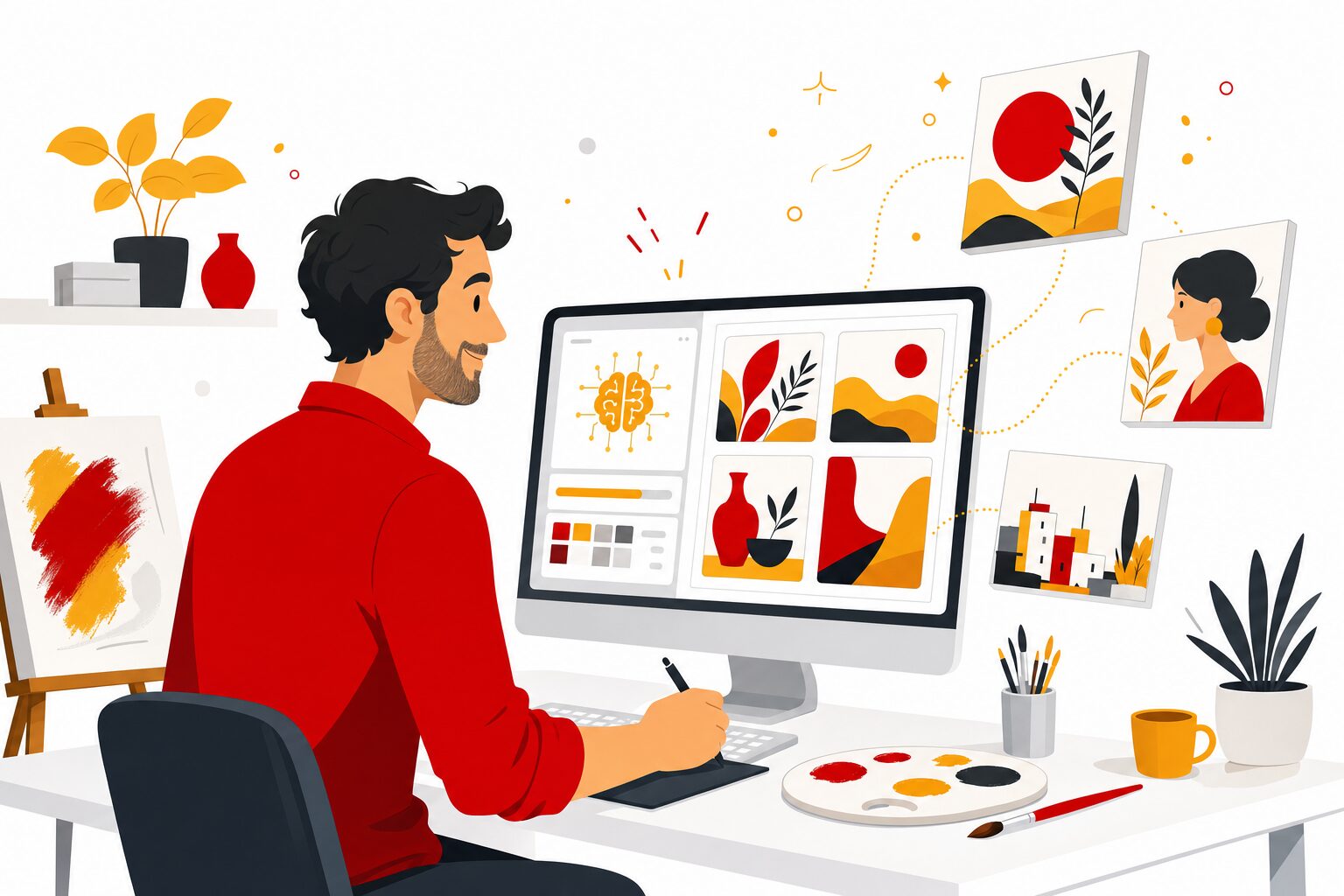Création d'images par IA pour une TPE : entrepreneur devant un écran, illustration
