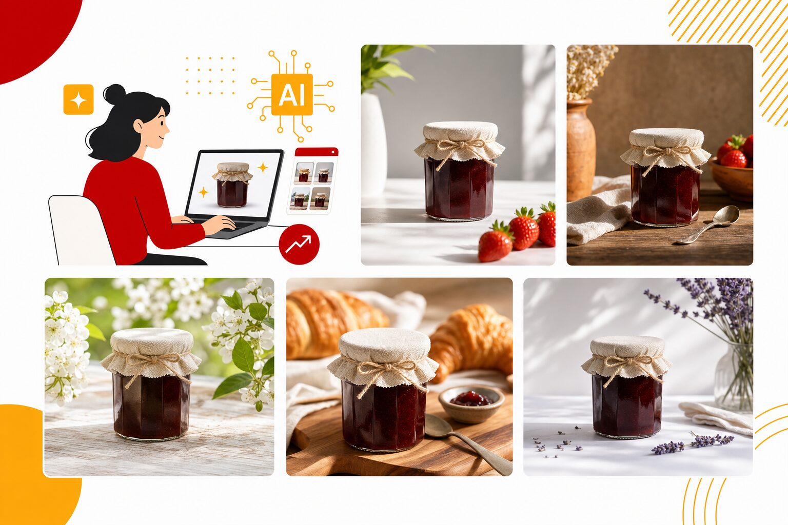 Photos produit générées par IA dans plusieurs décors pour une boutique en ligne, illustration