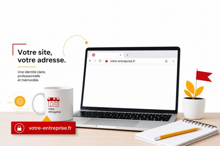 Ordinateur portable sur un bureau en bois affichant une barre d'adresse navigateur avec un nom de domaine en .fr, à côté d'un carnet et d'un mug : choisir l'adresse web de son entreprise est la première étape avant de créer son site.