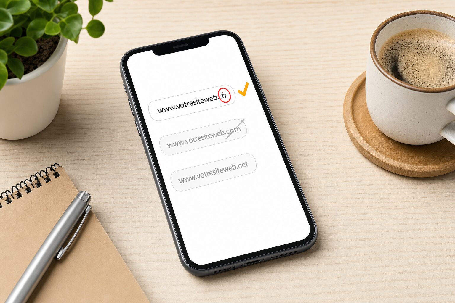 Comparaison des extensions de noms de domaine .fr et .com sur un smartphone