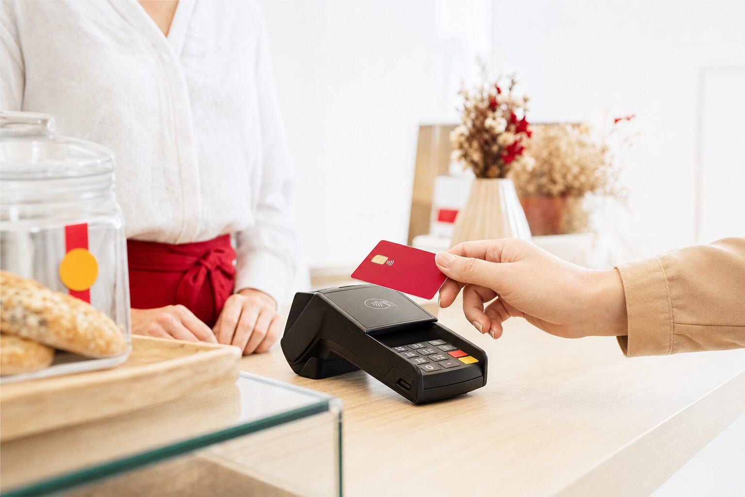 Client réglant un achat en approchant sa carte bancaire sans contact du terminal de paiement dans un commerce de proximité, paiement rapide sans saisir de code pour les montants inférieurs à 50 euros
